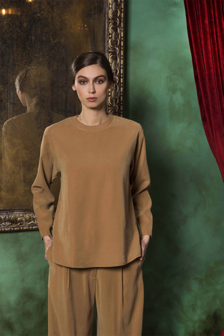 Long sleeve top with knitted details camel
