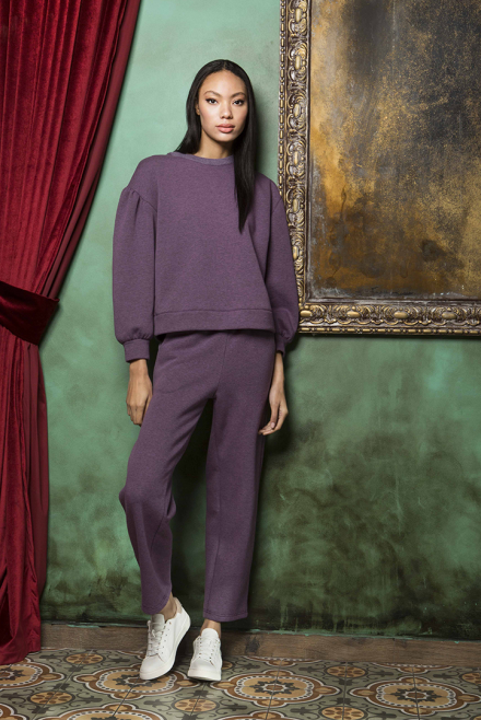 Cotton blend puffed sleeves sweater with knitted details violet