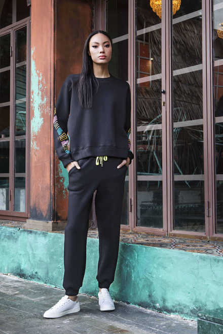 Cotton shirt sweatshirt with knitted details black