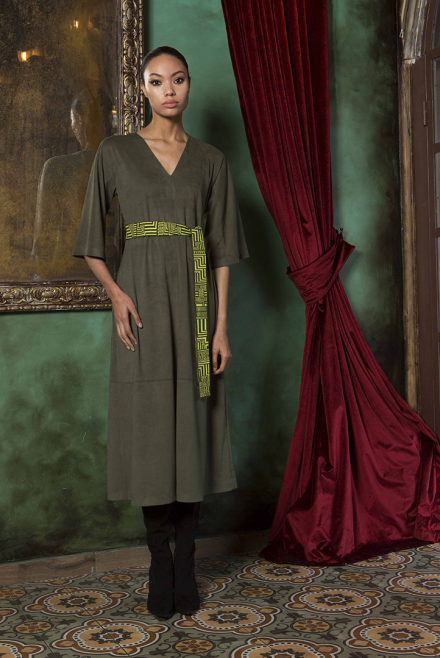 Faux suede dress with knitted belt khaki