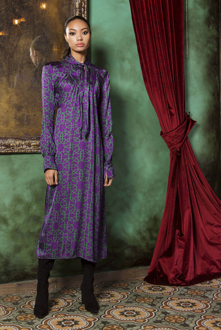 Μακρύ φόρεμα με σατέν τύπωμα violet  green