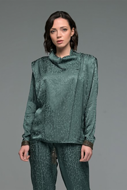 Animal print satin jacquard asymmetric neckline blouse with knitted details antique green