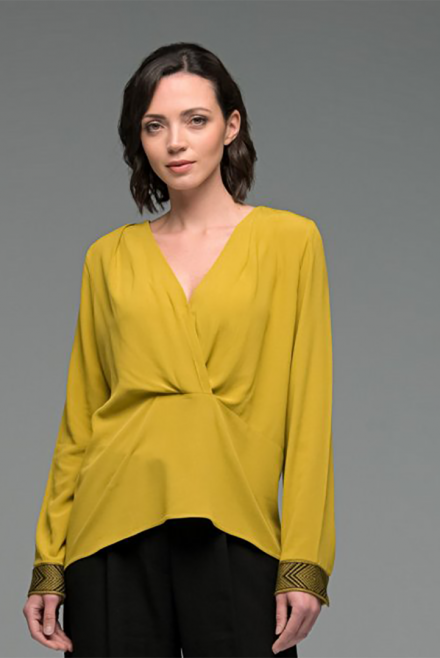 Crepe marocaine wrap-effect blouse with knitted details golden olive