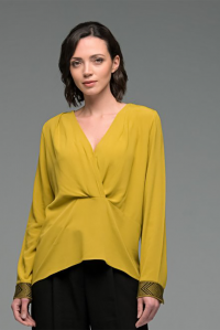 Crepe marocaine wrap-effect blouse with knitted details golden olive