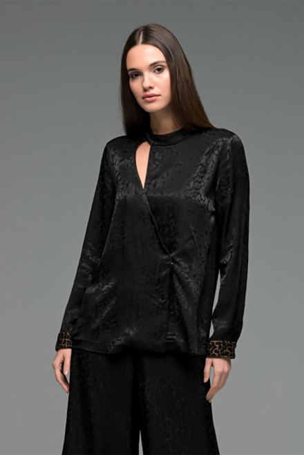 Animal print satin jacquard cut out blouse with knitted details black