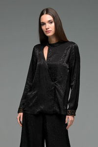Animal print satin jacquard cut out blouse with knitted details black