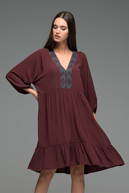 Crepe marocaine boho dress with knitted details dark purple