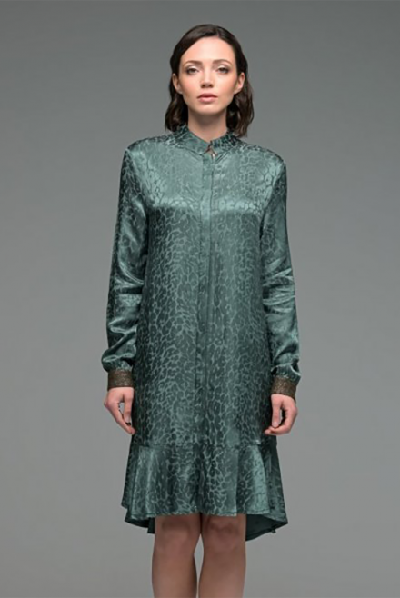Mini σεμιζιέ ζακάρ φόρεμα με animal print και πλεκτές λεπτομέρειες antique green