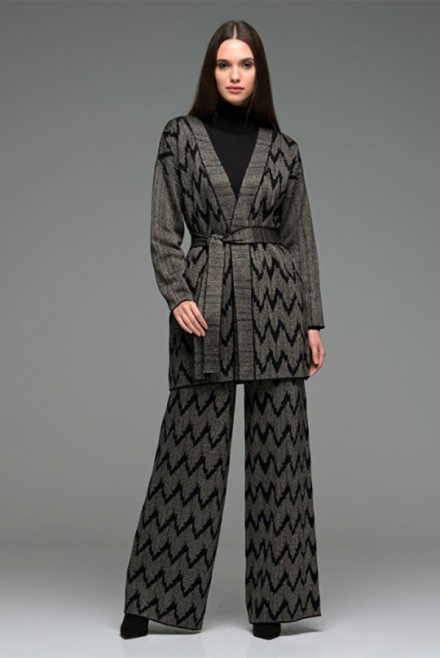 Wool blend jacquard wide leg pants black-medium grey-black & gold