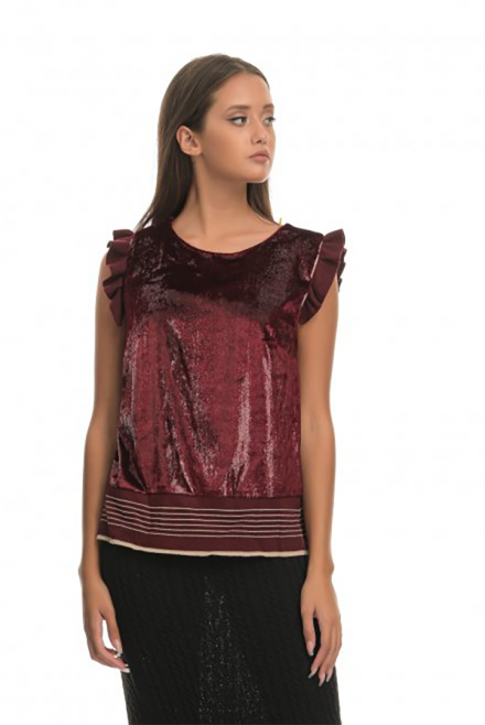 Fabric metallic blouse with knitted details bordeuax