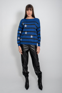 Wool blend intarcia striped sweater royal blue -anthracite-silver