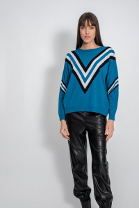 Wool blend alps striped sweater caribbean blue-black-ivory