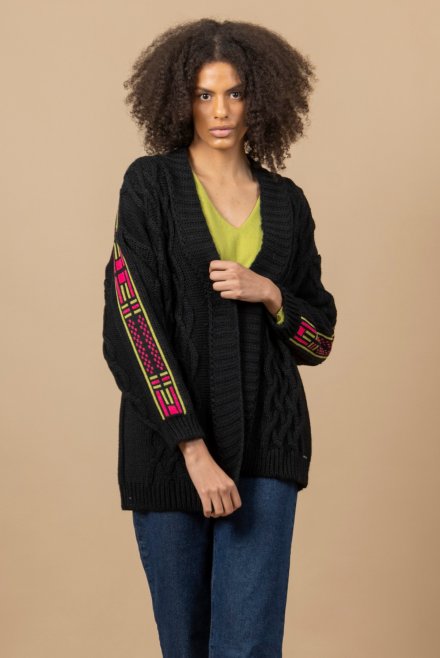 Wool blend cable knit cardigan with arm multicolored details black