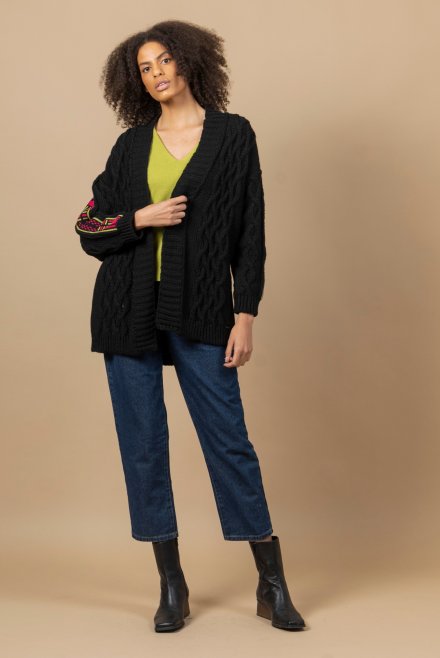 Wool blend cable knit cardigan with arm multicolored details black