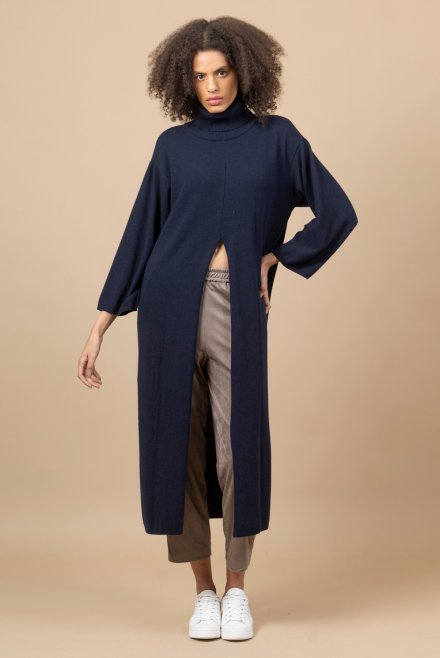 Cashmere blend slit-front turtleneck dress navy
