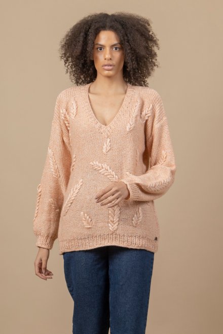 Blouse V with handmade embroidery salmon pink