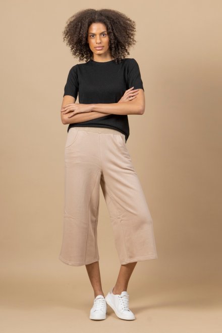 Cotton wide leg track pants with knitted details light beige