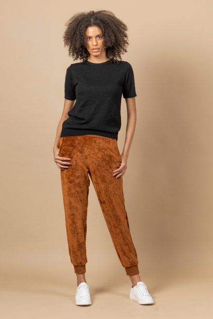 Velvet slim trackpants with knitted details tabac