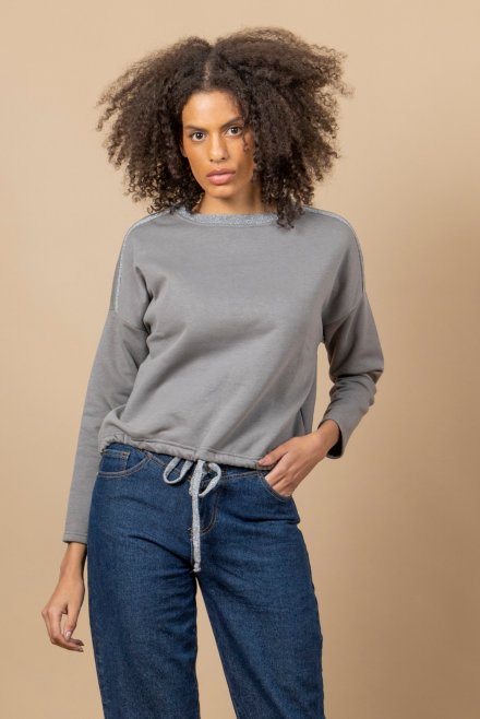 Cotton blend cropped sweatshirt with knitted details light grey