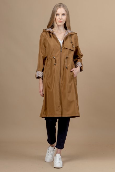 Long hooded trench coat camel