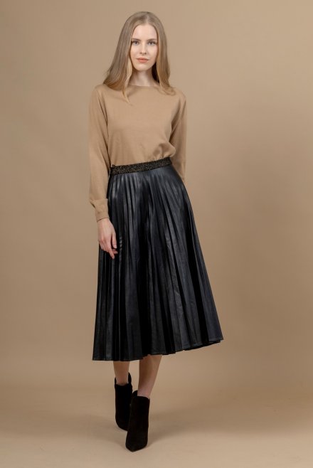 Faux leather pleated midi skirt with knitted details black