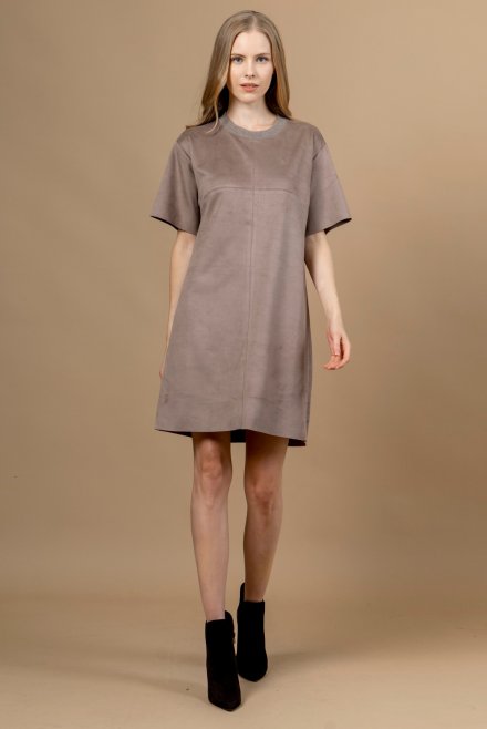 Faux suede mini t-shirt dress with knitted details taupe
