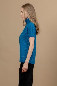 Wool blend mettalic ribbed short sleeved sweater caribbean blue -silver