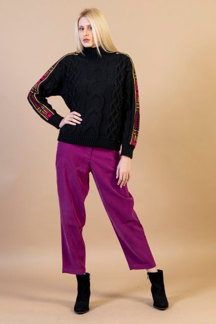 Wool blend sweater with arm multicolored  details black