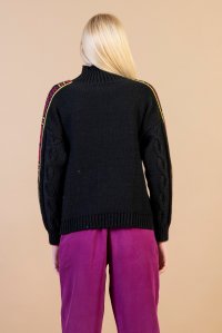 Wool blend sweater with arm multicolored  details black