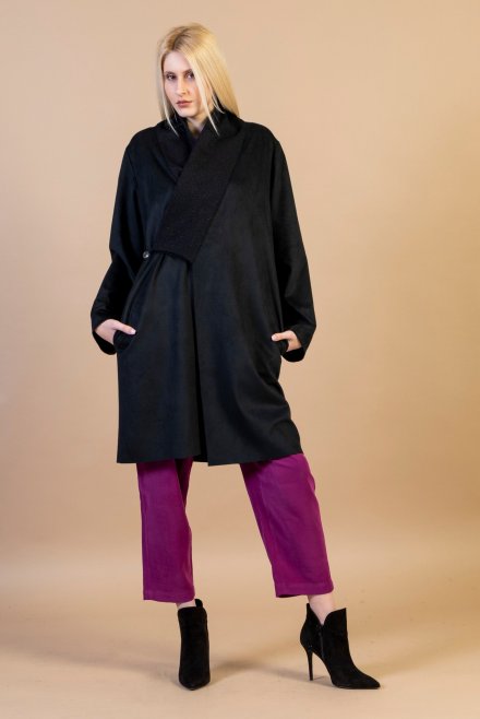 Faux suede Japanese style coat with knitted detais black