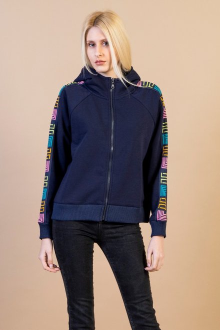 Cotton blend zipped hoodie with knitted details navy