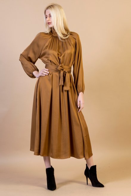 Satin long sleeve belted dress tabac