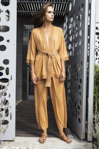 Jersey Kimono cardigan with knitted details summer camel