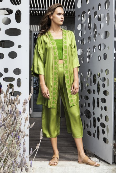 Satin kimono with knitted details bright green