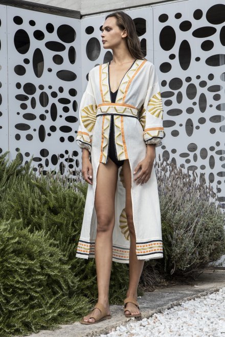 Emproidered jaquard abstract pattern kimono with handmade knitted details ivory-gold-black-orange