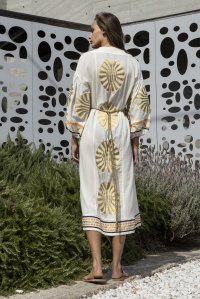 Emproidered jaquard abstract pattern kimono with handmade knitted details ivory-gold-black-orange