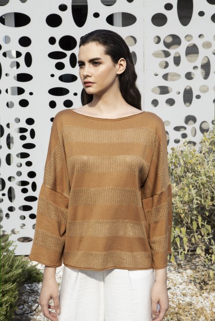 Lurex- cotton blend open knit striped sweater chocolate