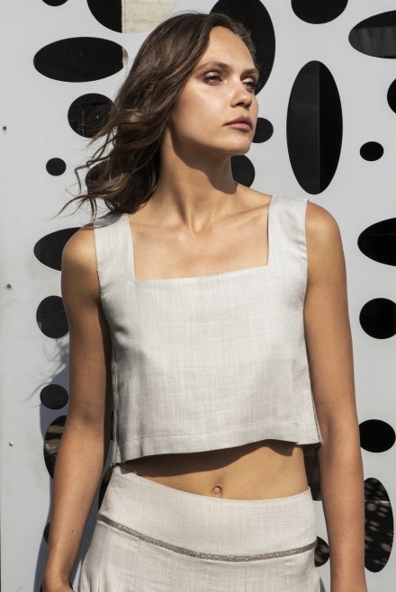 Linen blend cropped  top with knitted details ivory