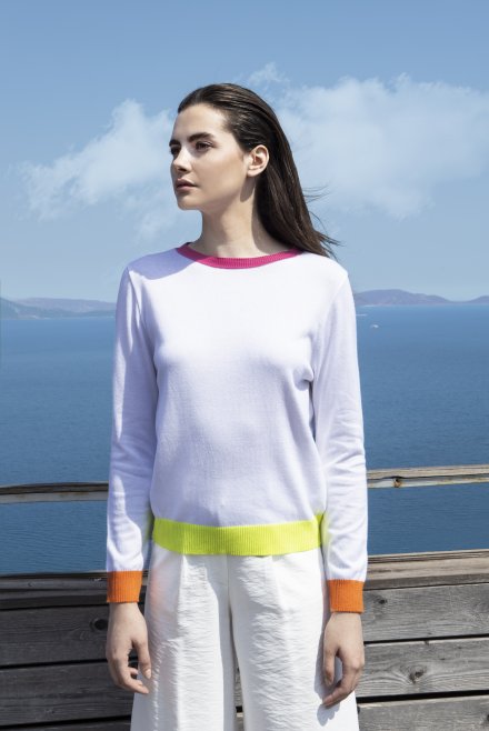 Cotton blend sweater with multicolored  details white-neon yellow-orange-fuchsia