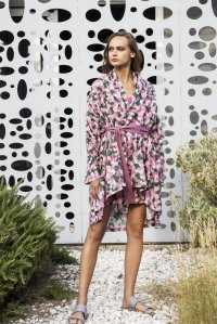 Printed cotton voile kimono with knitted belt pink-green