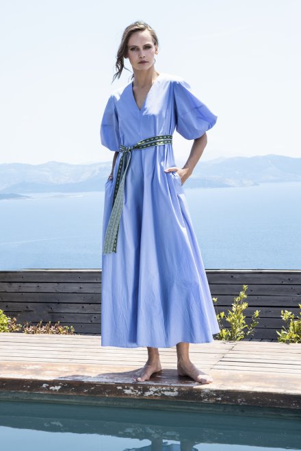 Poplin maxi dress with puffed sleeves and knitted belt ciel
