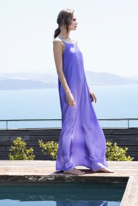 Satin maxi dress with knitted details mauve