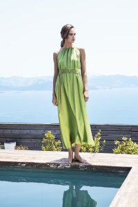 Satin midi dress with knitted handmade details bright green