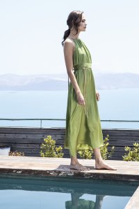 Satin midi dress with knitted handmade details bright green