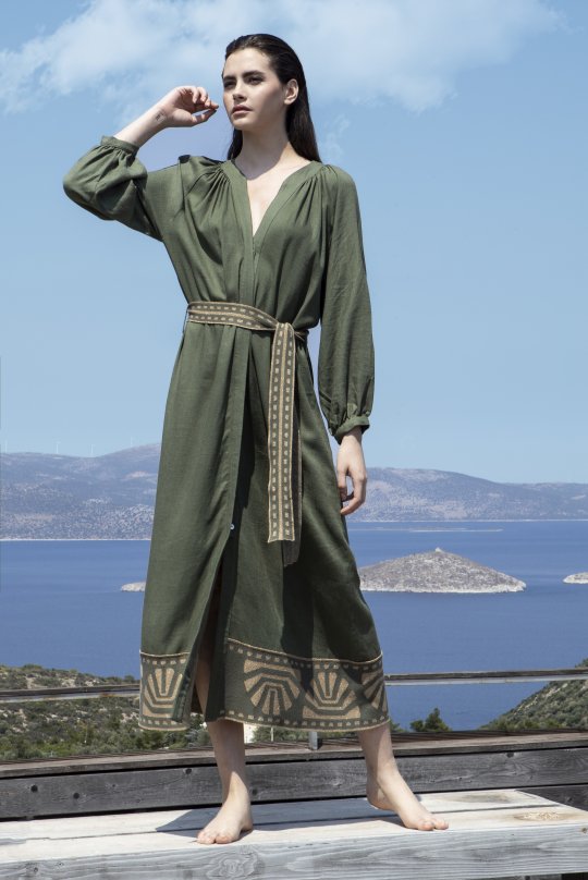 Linen blend v-neck midi dress with knitted details khaki