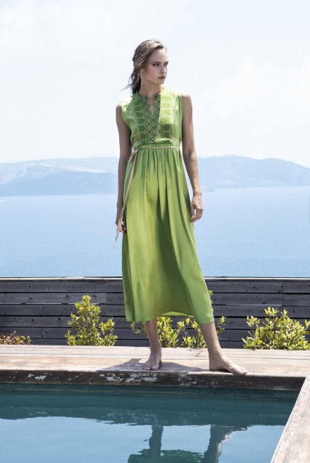 Satin midi dress with knitted details bright green