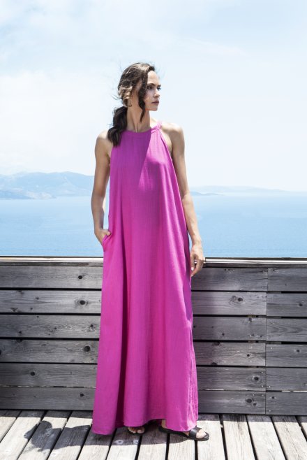 Φόρεμα με λινό και πλεκτές λεπτομέρειες fuchia