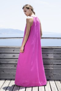 Φόρεμα με λινό και πλεκτές λεπτομέρειες fuchia