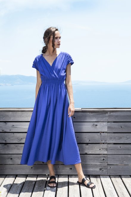 Midi dress with elasticated waist and knitted details cobalt blue