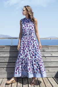 Printed cotton voile gathered dress with knitted details blue-violet